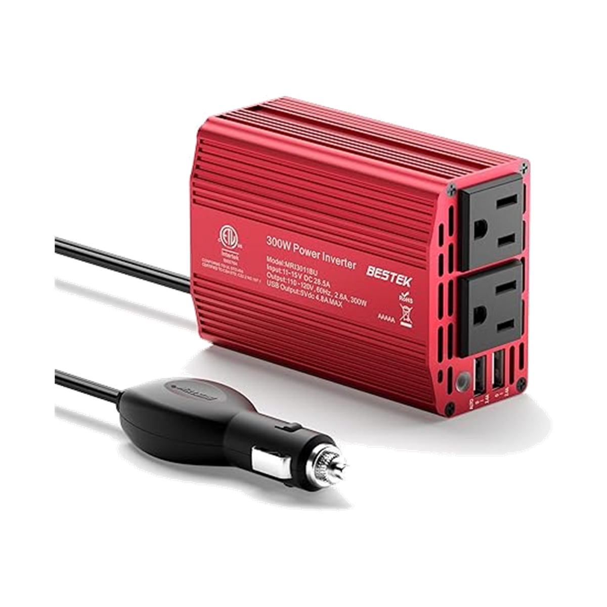 Red BESTEK 300W car inverter standing upright beside its cigarette-lighter power lead