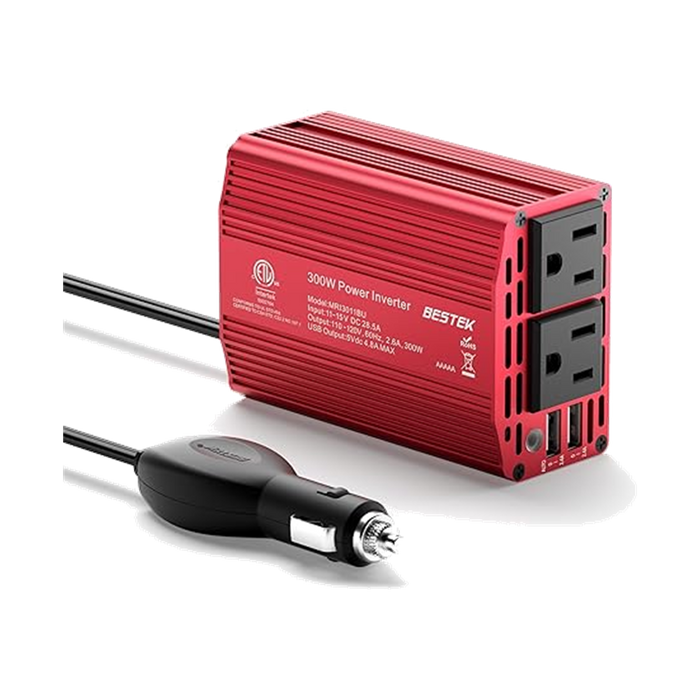 BESTEK 300W Car Power Inverter 12V DC to 110V with 4.8A Dual USB Ports and 2 AC Outlets