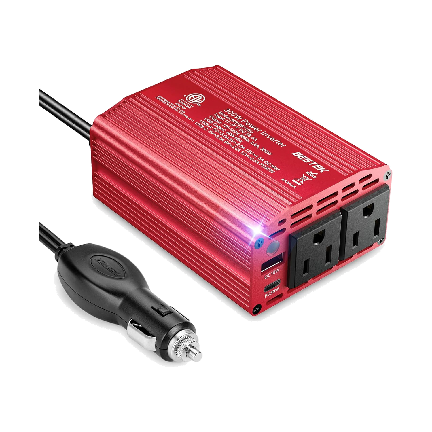 Red BESTEK 300W car inverter with two AC outlets and vehicle power lead