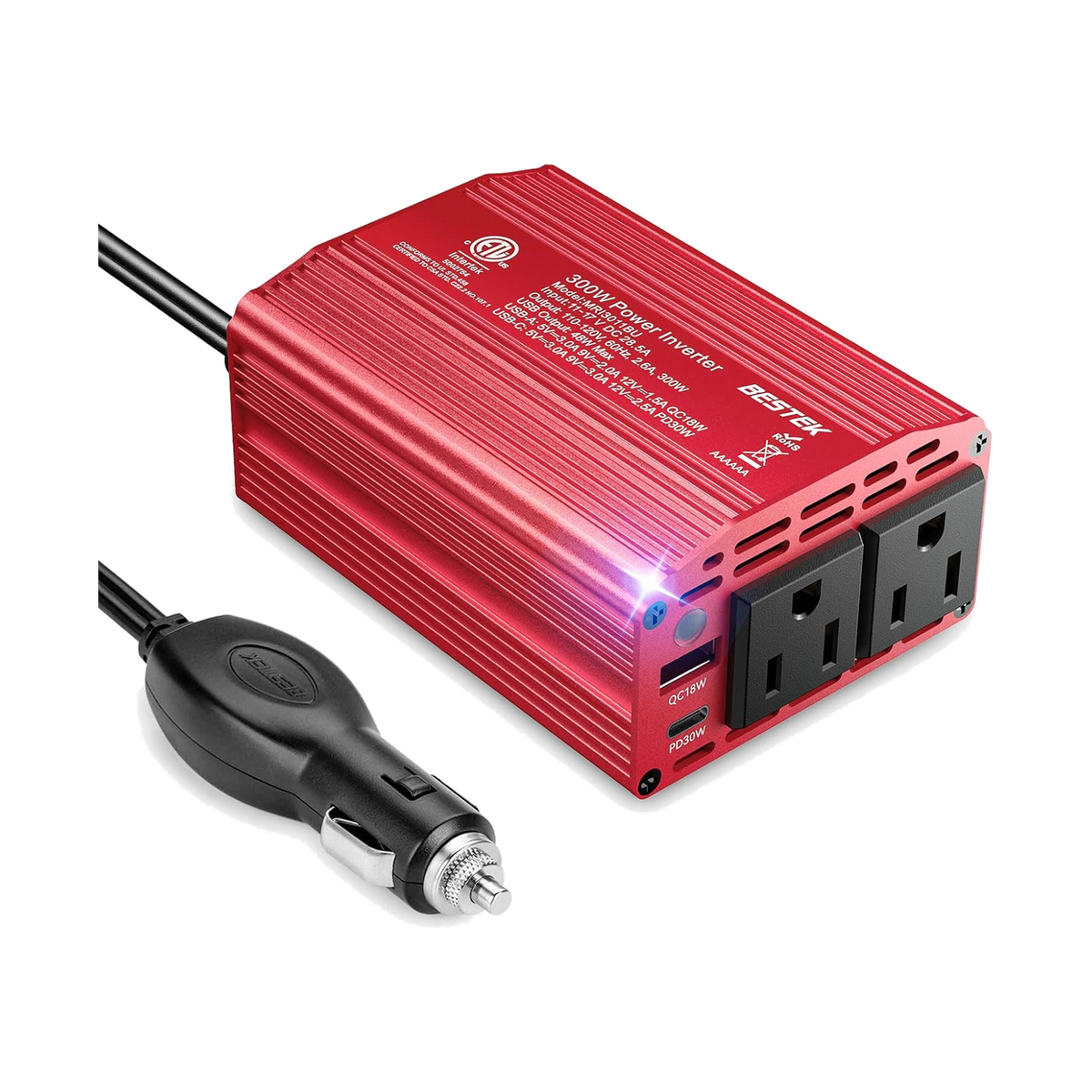 Red BESTEK 300W car inverter with two AC outlets and vehicle power lead