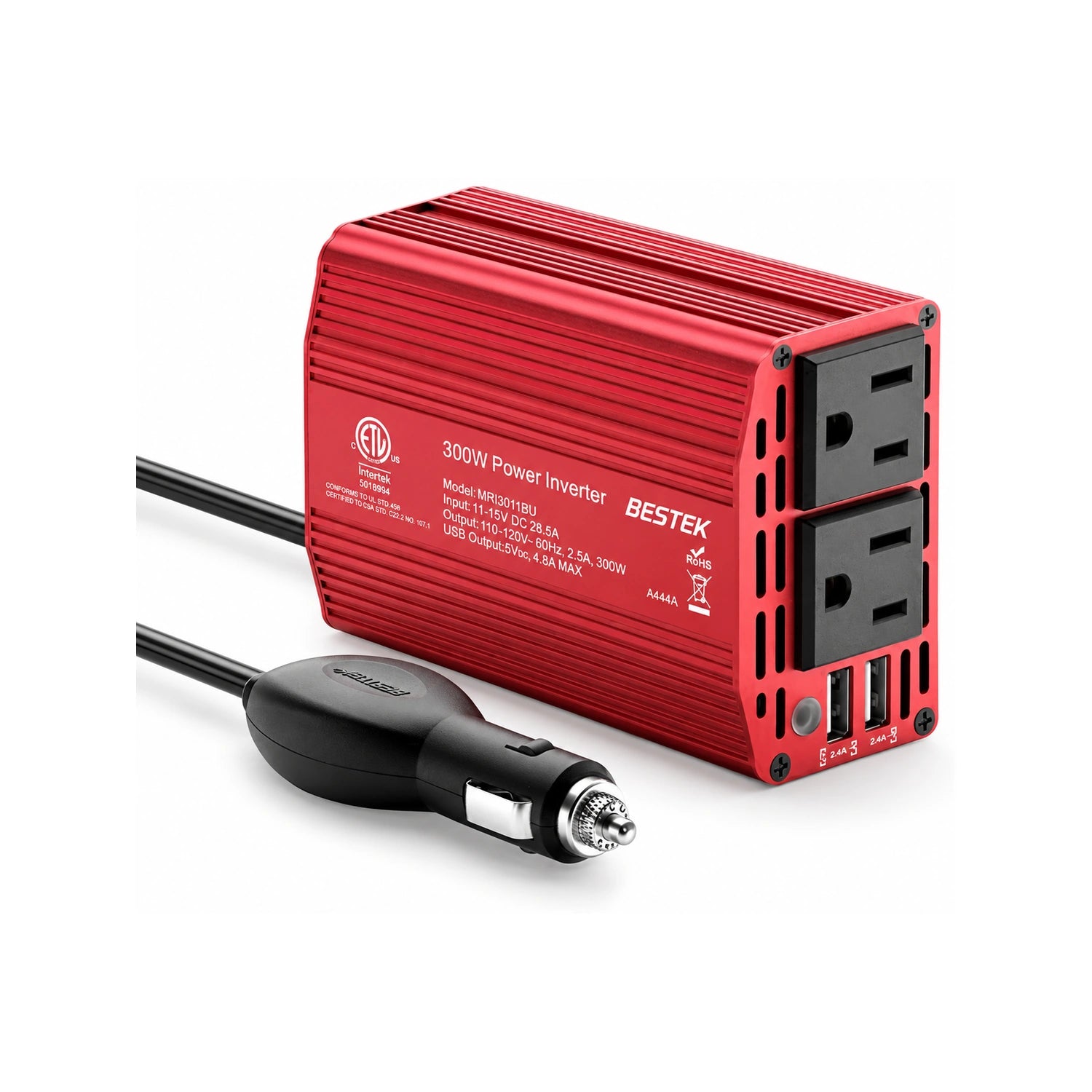 BESTEK 300W Car Power Inverter 12V DC to 110V with 4.8A Dual USB Ports and 2 AC Outlets - alternate rear product view