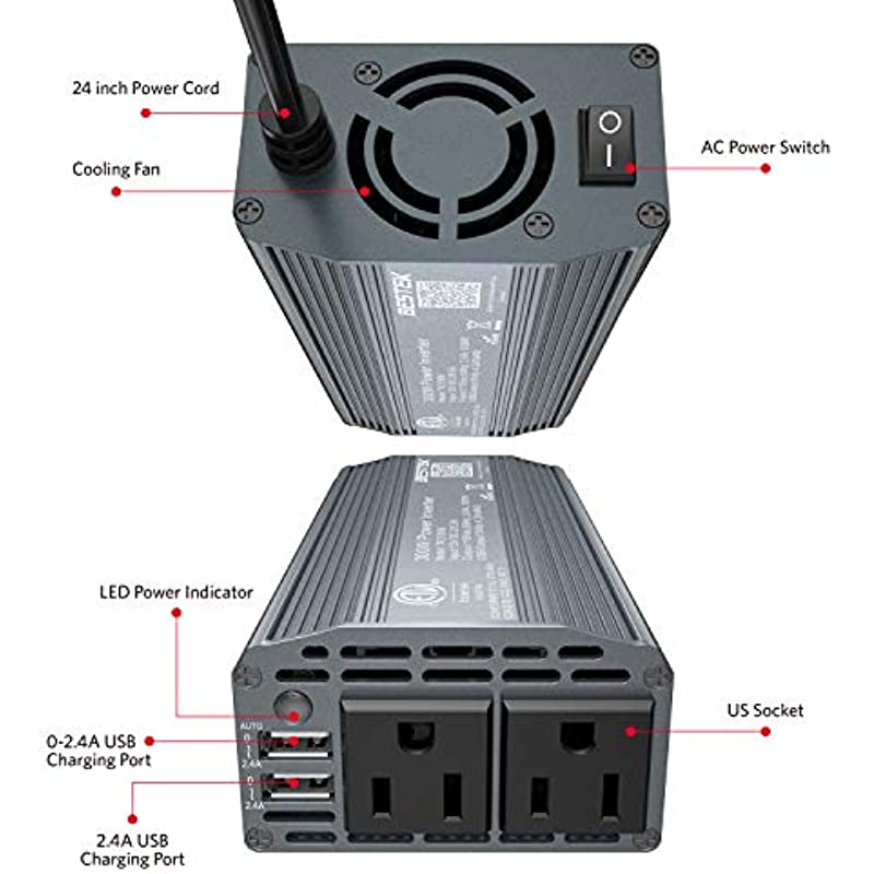 BESTEK 300W inverter — labeled front and rear controls and charging ports