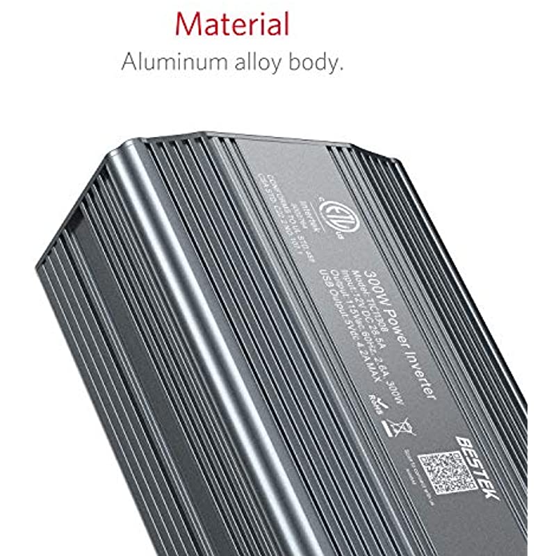 BESTEK 300W inverter — close-up of the gray ribbed aluminum housing