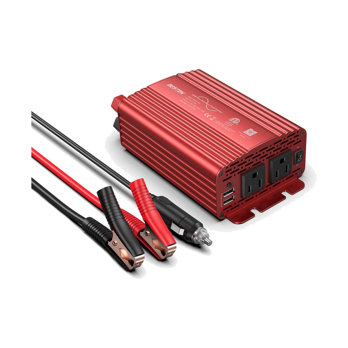 Red BESTEK 300W pure sine wave inverter beside battery clamps and cigarette-lighter lead