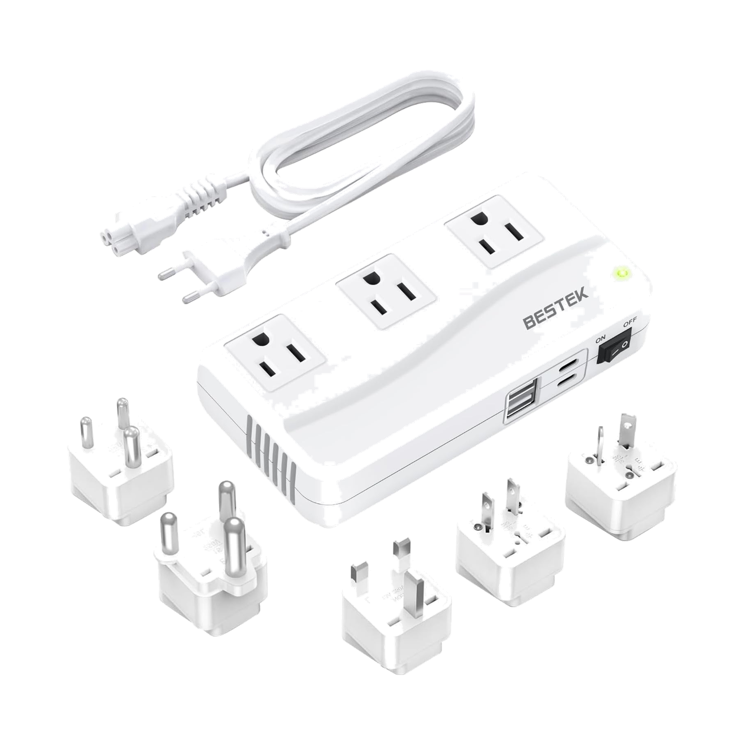 White BESTEK 300W travel voltage converter with AC outlets, USB ports, cord and plug kit