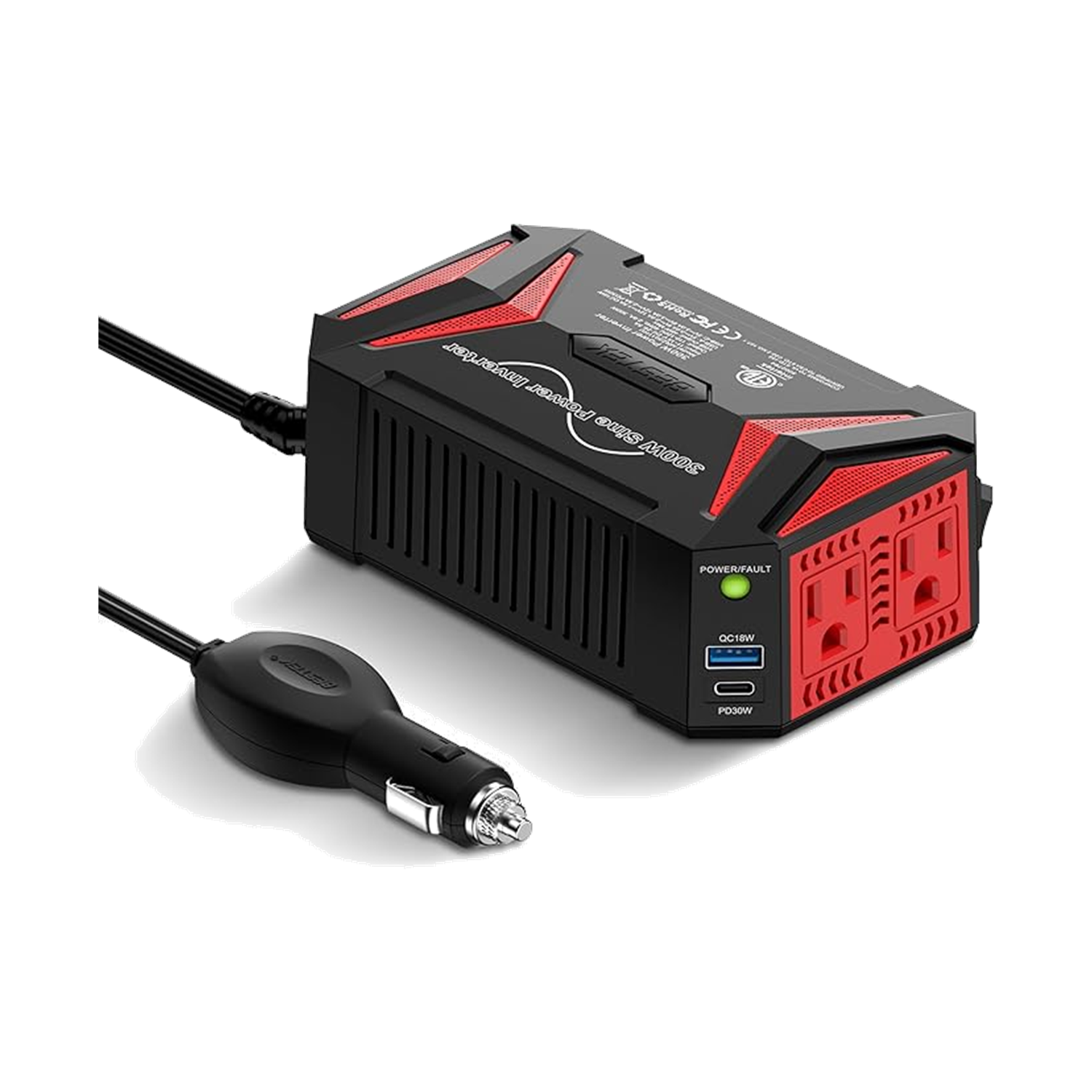 Black and red BESTEK 300W pure sine wave inverter with AC outlets, USB ports and vehicle lead