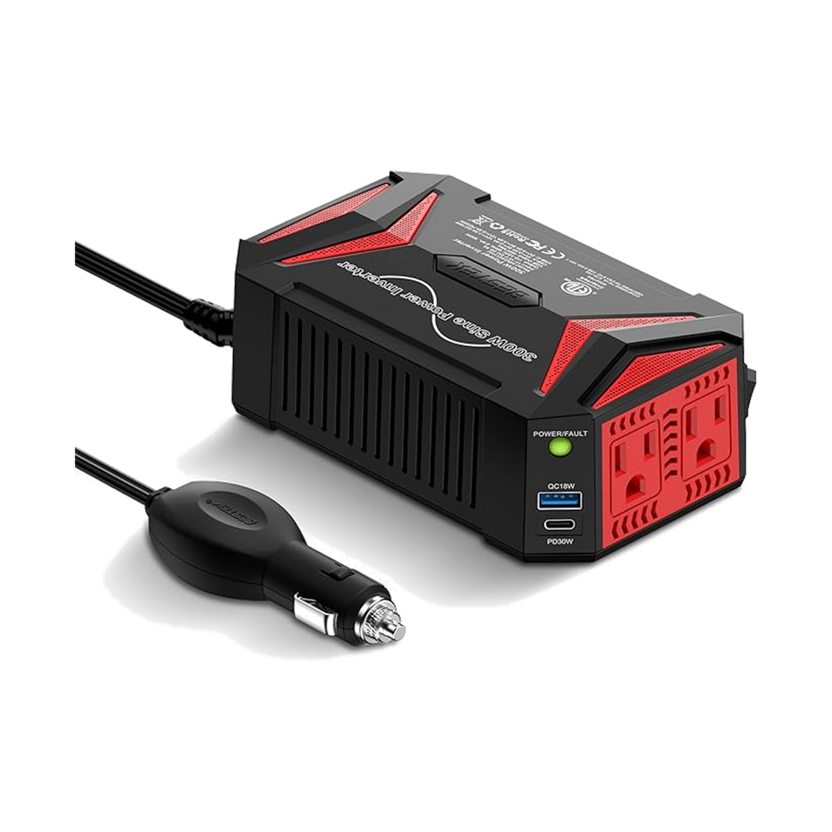 Black and red BESTEK 300W pure sine wave inverter with AC outlets, USB ports and vehicle lead
