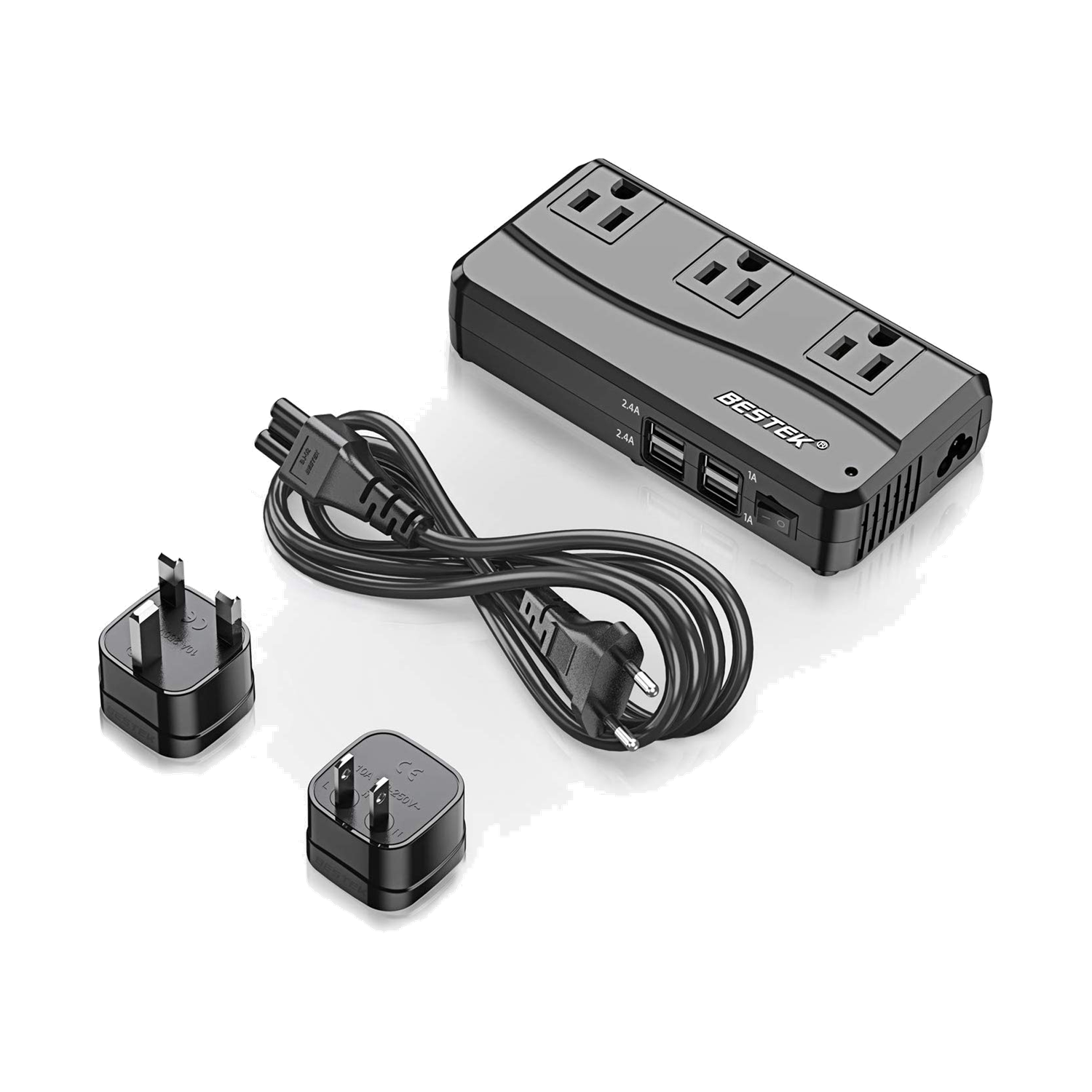 Black BESTEK travel voltage converter with three AC outlets, USB ports and detachable adapters