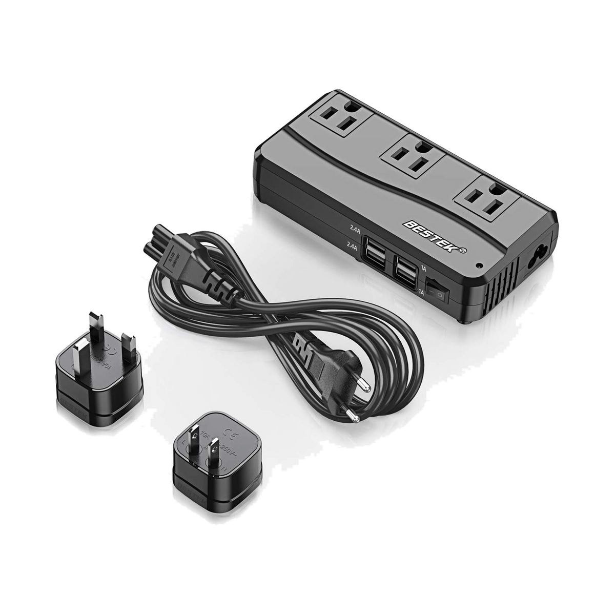 Black BESTEK travel voltage converter with three AC outlets, USB ports and detachable adapters