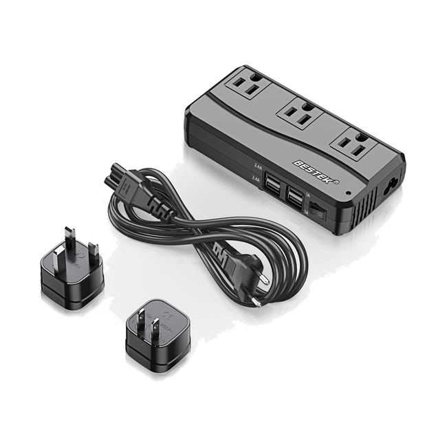 Black BESTEK travel voltage converter with three AC outlets, USB ports and detachable adapters