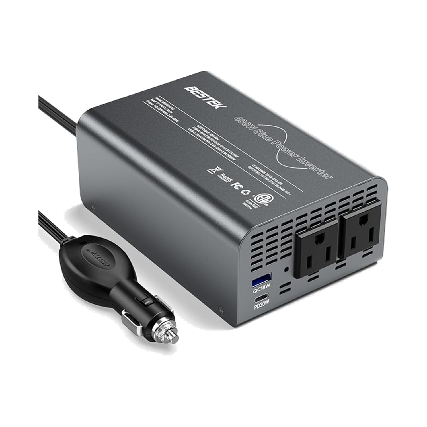 Gray BESTEK 400W pure sine wave inverter with two AC outlets, USB ports and vehicle lead