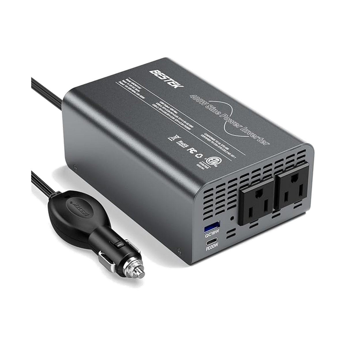 Gray BESTEK 400W pure sine wave inverter with two AC outlets, USB ports and vehicle lead