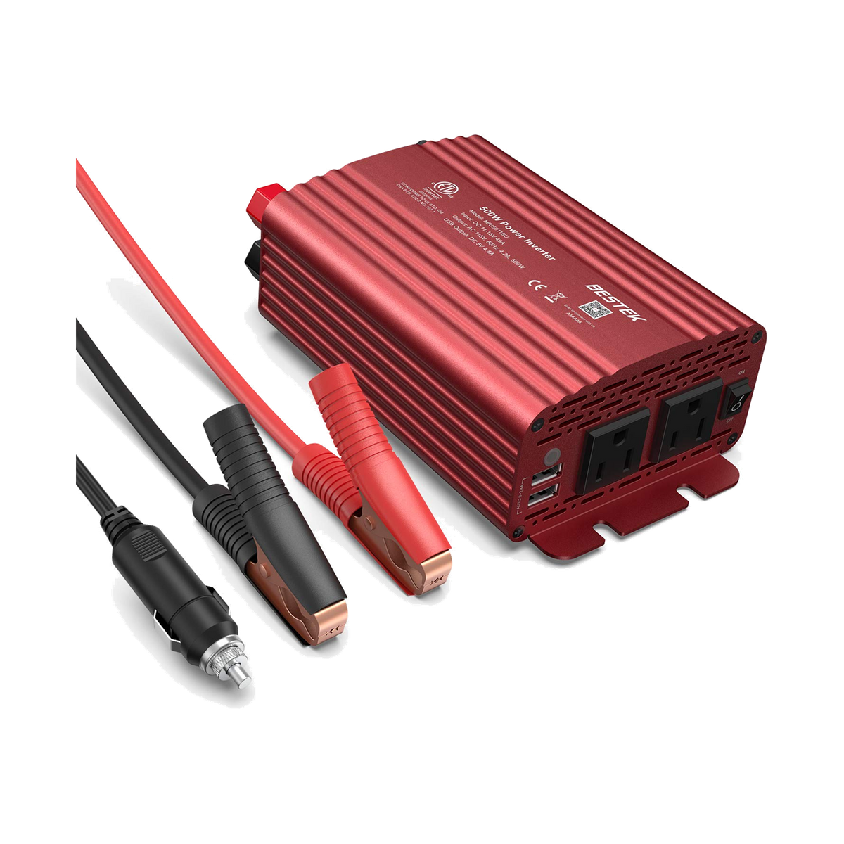 Red BESTEK 500W car inverter beside battery clamps and cigarette-lighter power lead