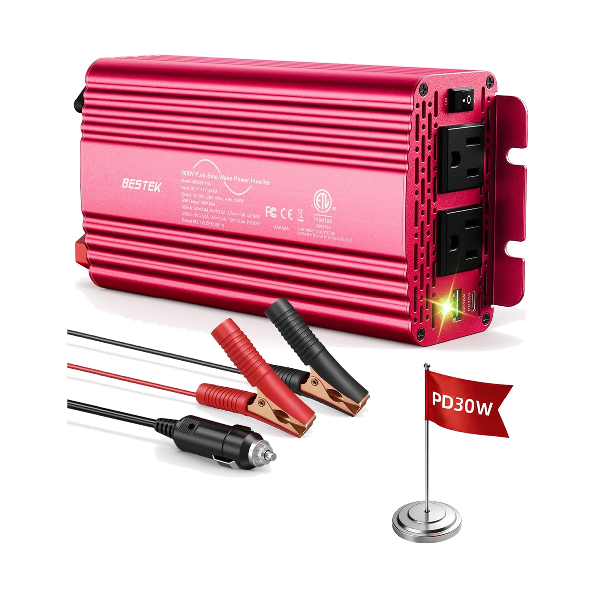 Red BESTEK 500W pure sine wave inverter with USB-C charging port and battery clamp lead
