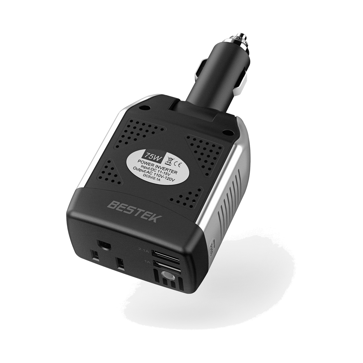 Black BESTEK 75W plug-in car inverter with AC outlet and USB charging port