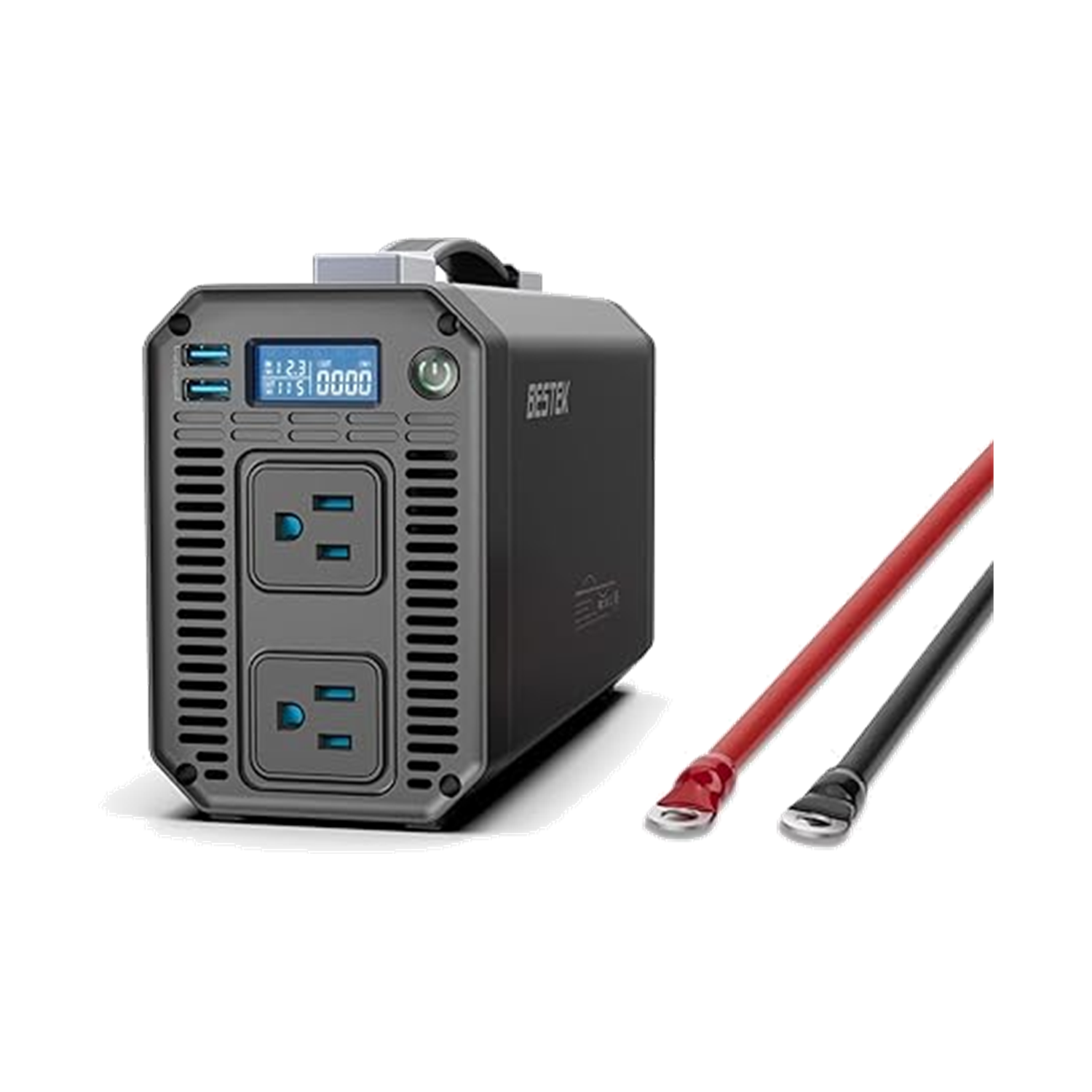 Gray BESTEK 1200W inverter with carrying handle, digital display and battery leads