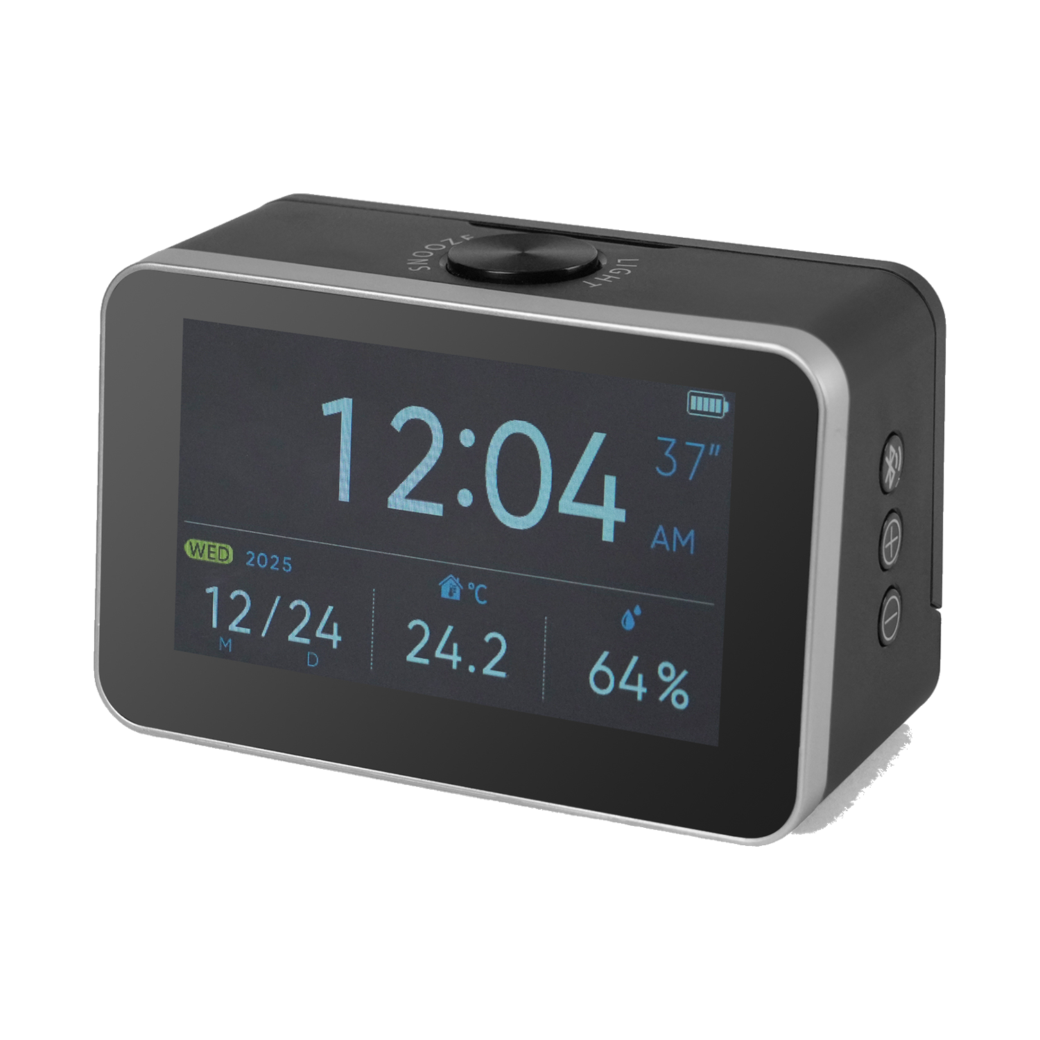 BESTEK Bluetooth temperature monitor display showing clock, temperature and humidity readings
