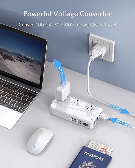 BESTEK 250W travel voltage converter — converter charging devices on a travel desk