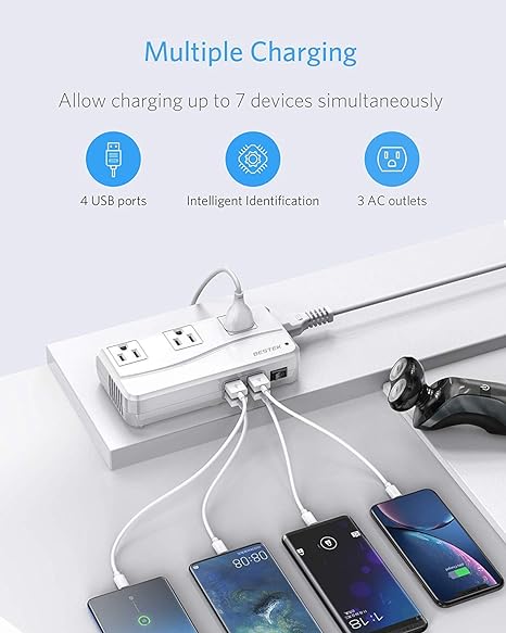 BESTEK 250W travel voltage converter — multiple devices connected to AC and USB ports