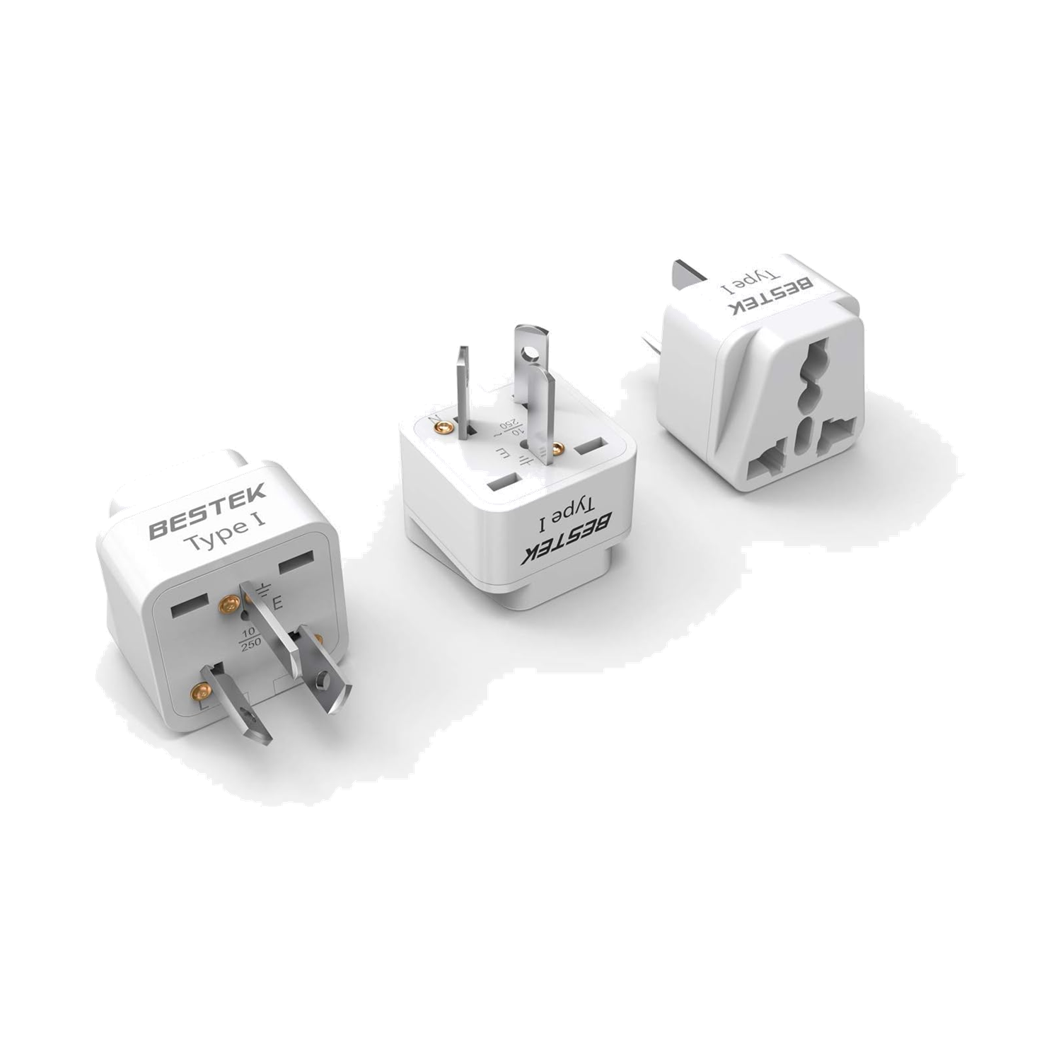 Three white BESTEK Type I travel plug adapters shown from different angles