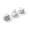 Three white BESTEK Type I travel plug adapters shown from different angles