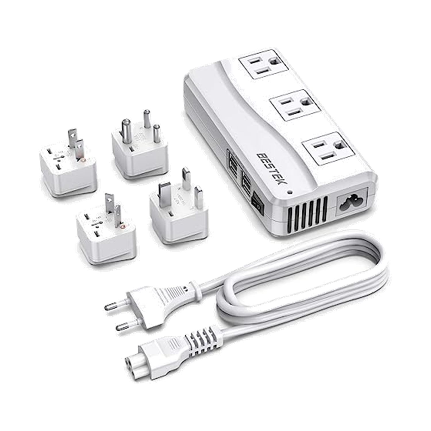 White BESTEK 250W travel voltage converter kit with AC outlets, USB ports and adapters