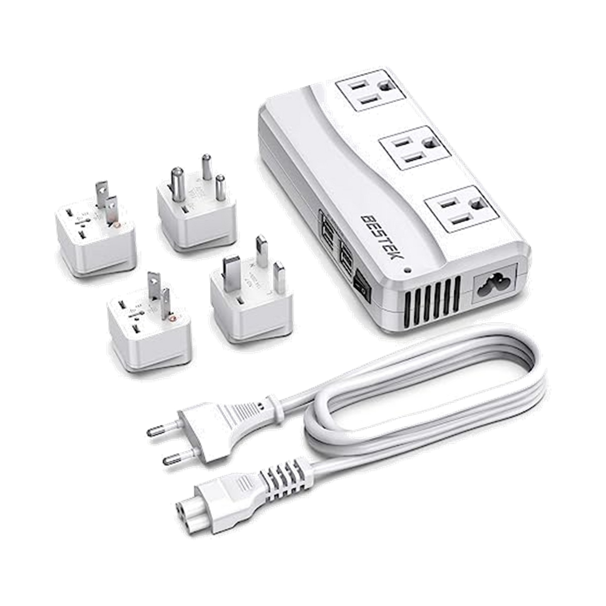White BESTEK 250W travel voltage converter kit with AC outlets, USB ports and adapters