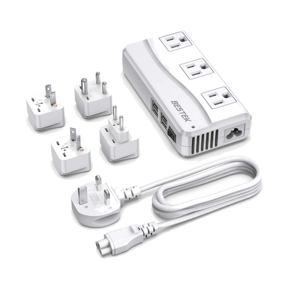 White BESTEK 250W travel voltage converter with AC outlets, USB ports, cord and plug adapters
