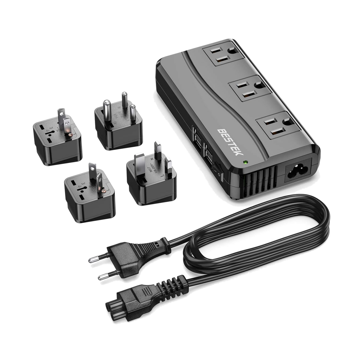 Black BESTEK 250W travel voltage converter with cord, USB ports and plug adapter kit