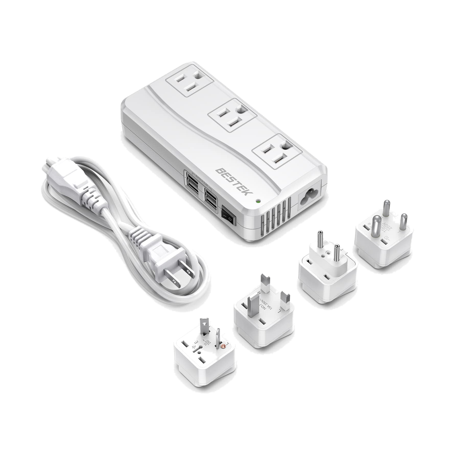 White BESTEK travel voltage converter with three AC outlets, four USB ports and plug kit