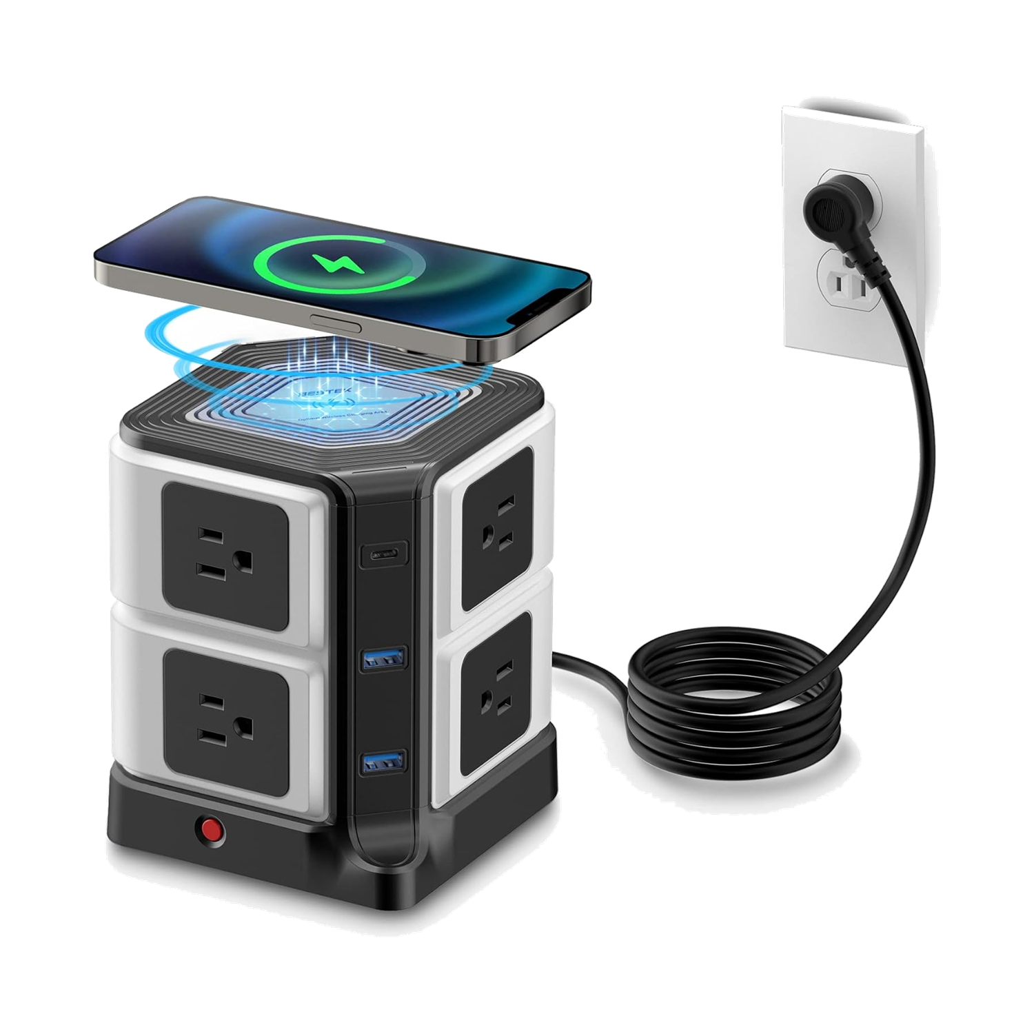 Black BESTEK desktop power tower with outlets, USB ports and phone on top wireless charging pad