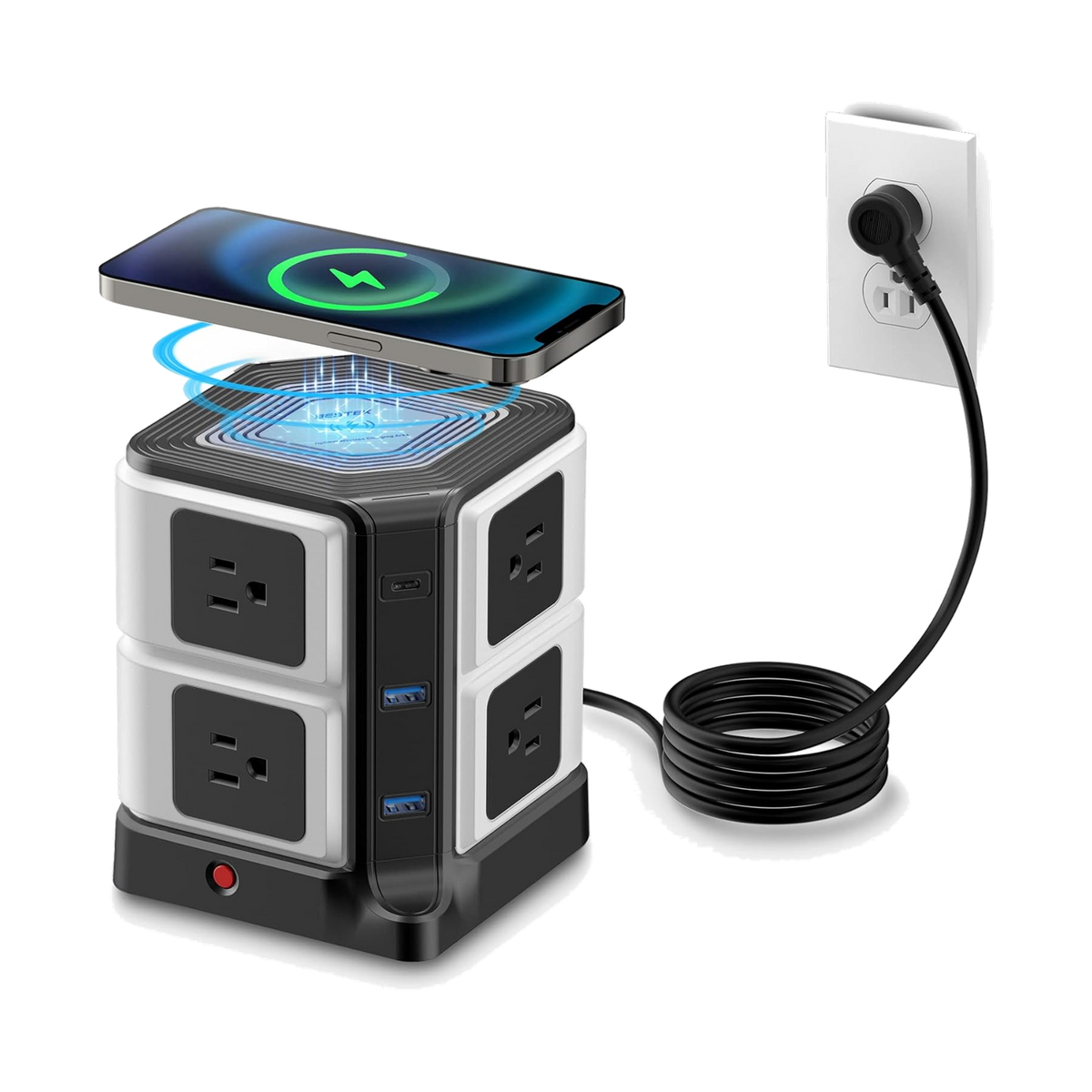 Black BESTEK desktop power tower with outlets, USB ports and phone on top wireless charging pad