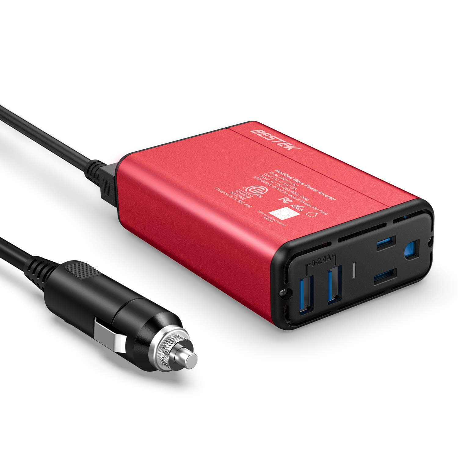BESTEK 150W inverter — red housing with AC outlet and USB ports