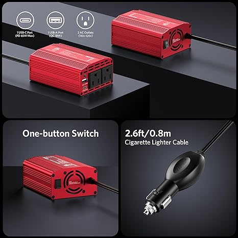 BESTEK 300W inverter — front and rear views with switch and cord details