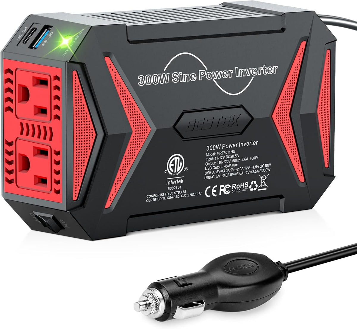 BESTEK 300W pure sine wave inverter with USB-C and USB-A ports - black and red color with vehicle plug