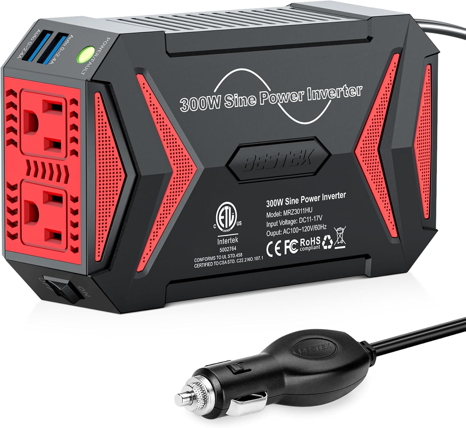BESTEK MRZ3011HU pure sine wave inverter - black and red color with vehicle plug