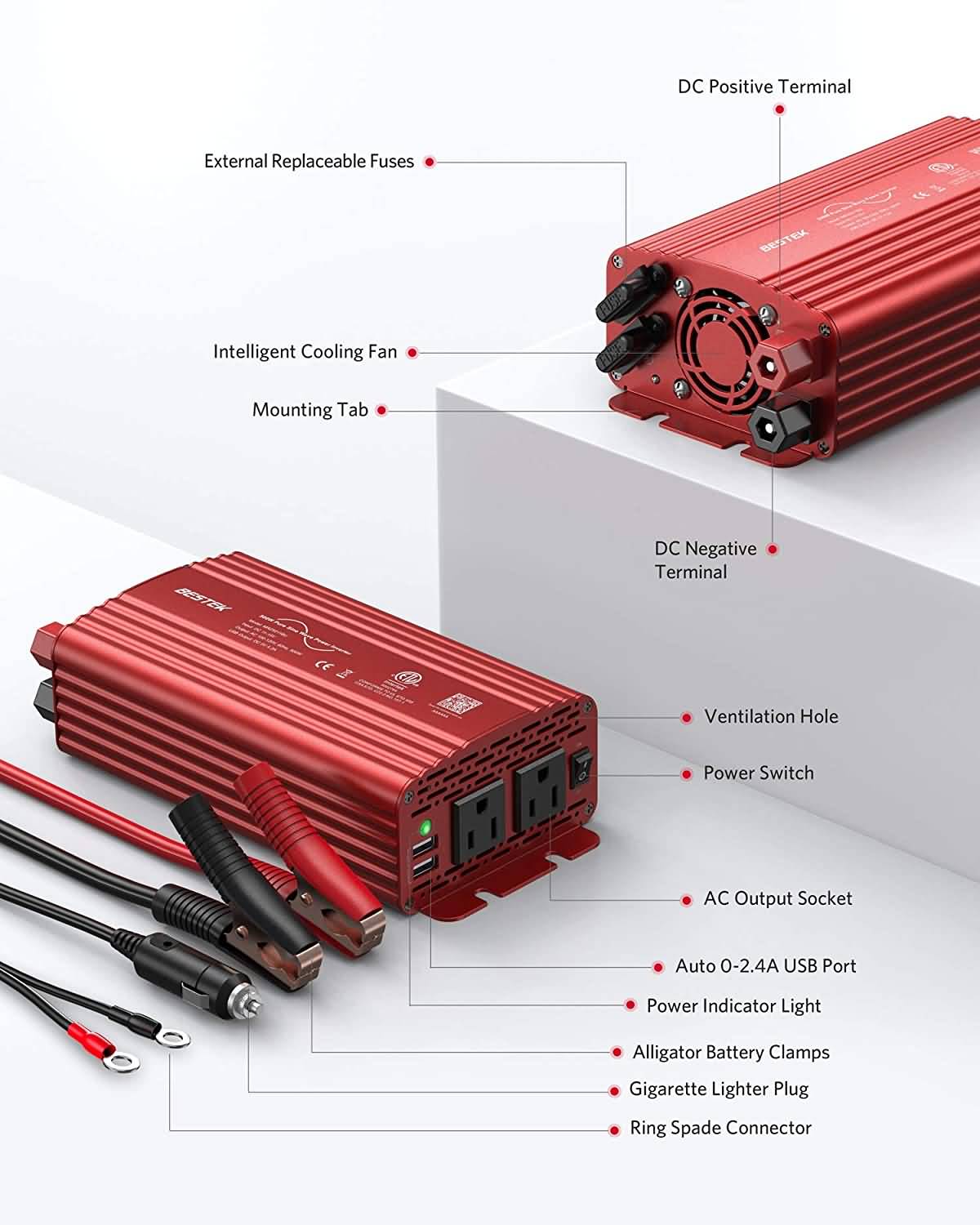 BESTEK 500W pure sine wave inverter — labeled red inverter ports and battery connections