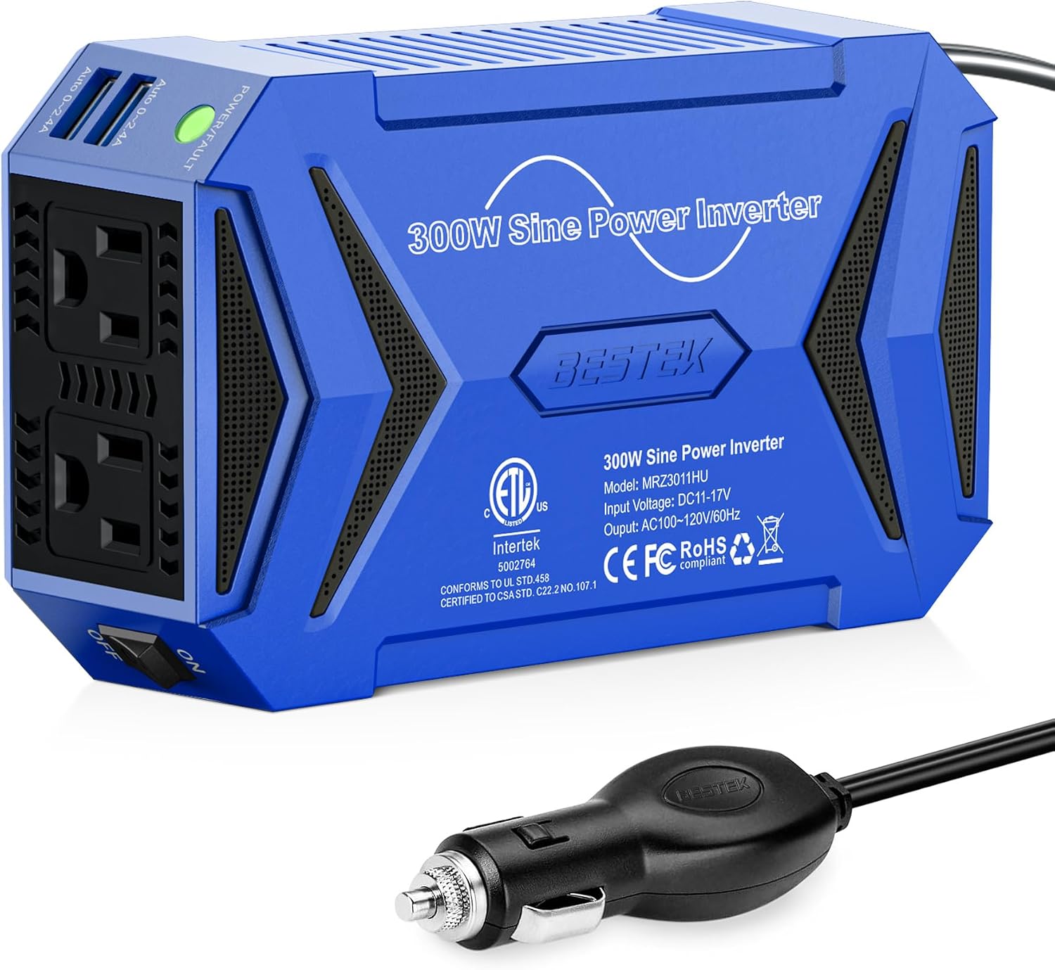 BESTEK MRZ3011HU pure sine wave inverter - blue color with vehicle plug