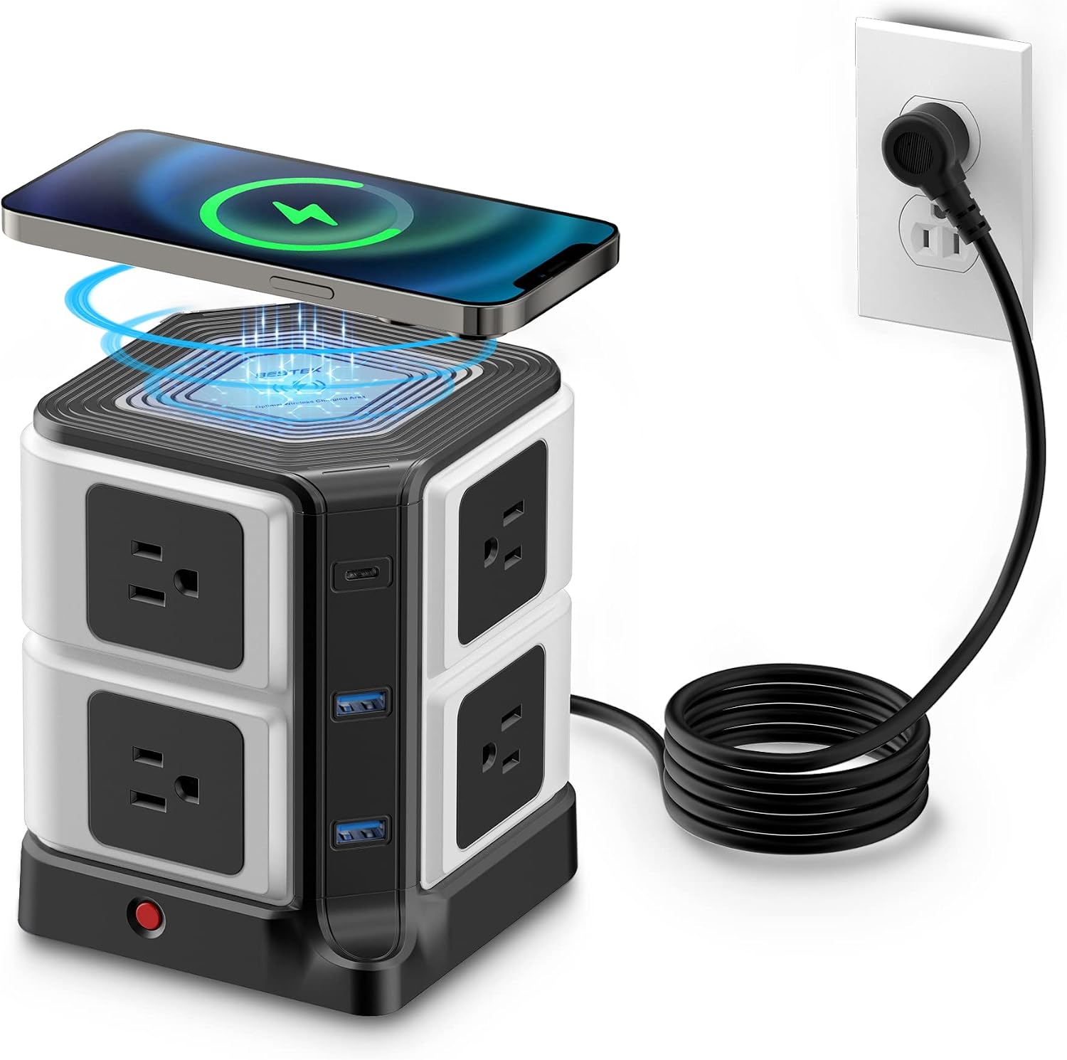 BESTEK desktop power strip with wireless charging, AC outlets and USB ports - black color