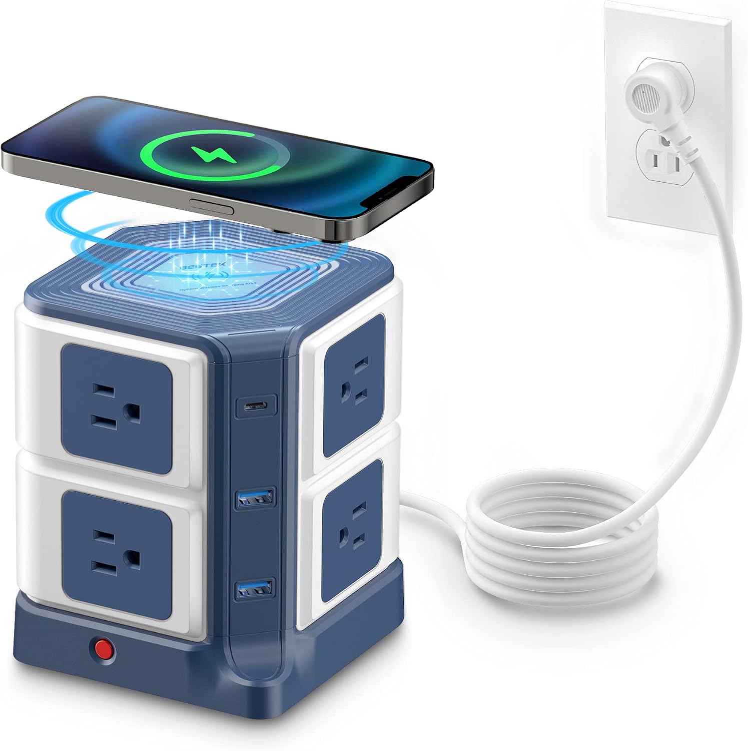 BESTEK desktop power strip with wireless charging, AC outlets and USB ports - blue color
