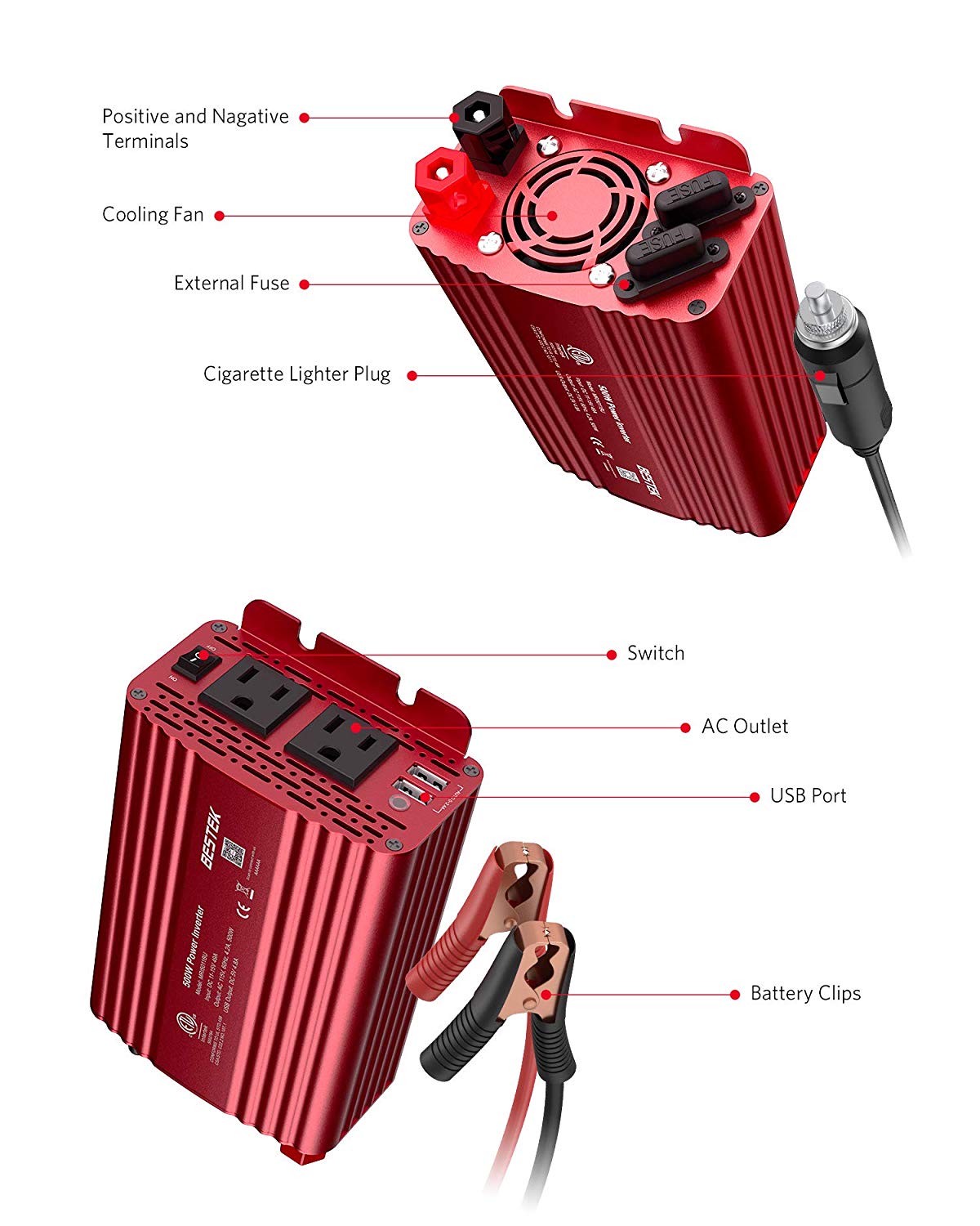 BESTEK 500W inverter — labeled front ports and rear battery terminals