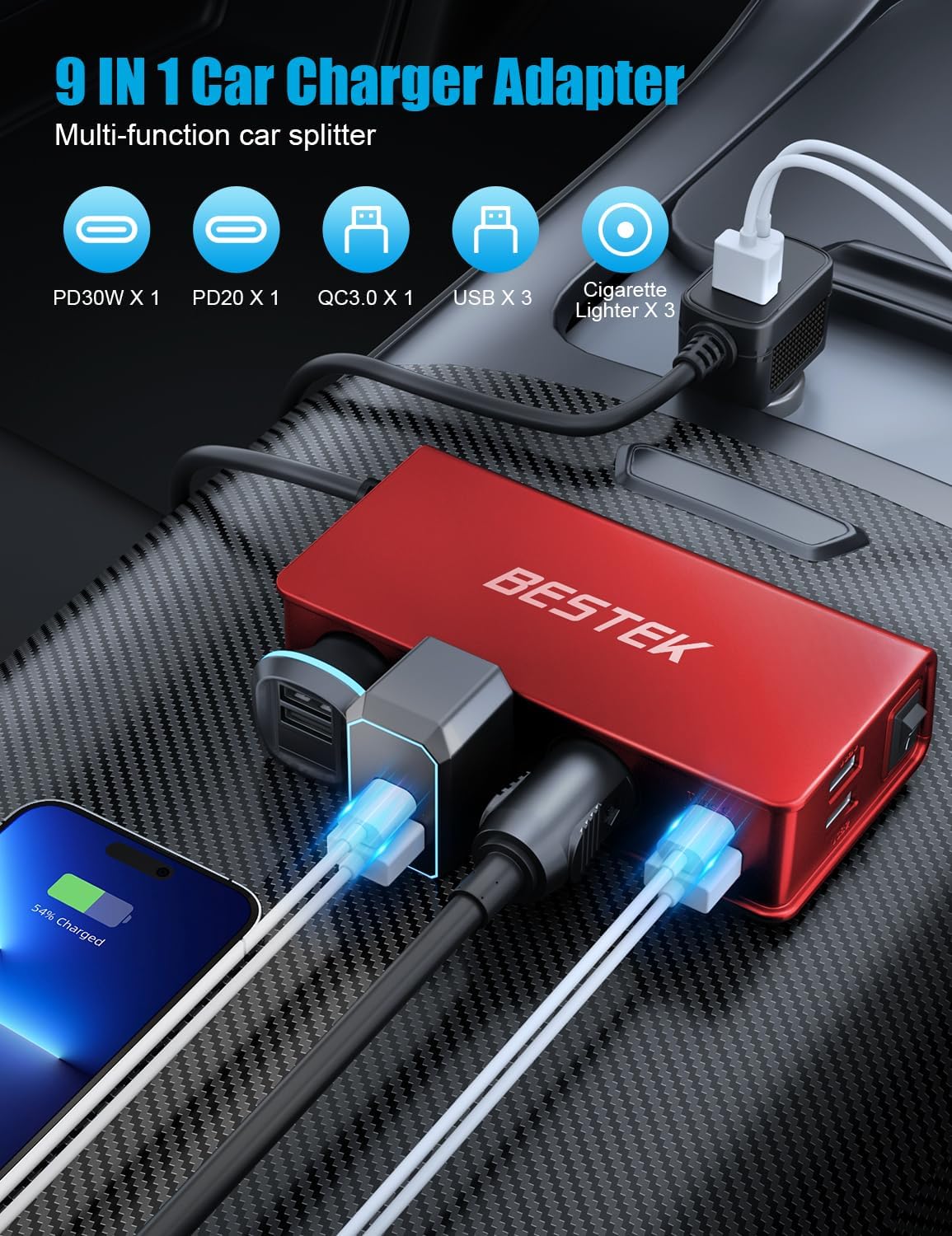 BESTEK 148W car socket splitter — red splitter with connected USB devices