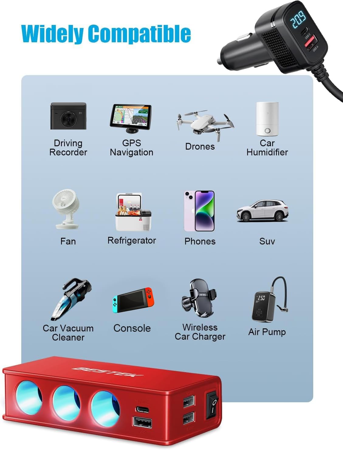 BESTEK 148W car socket splitter — red splitter with accessory-device examples