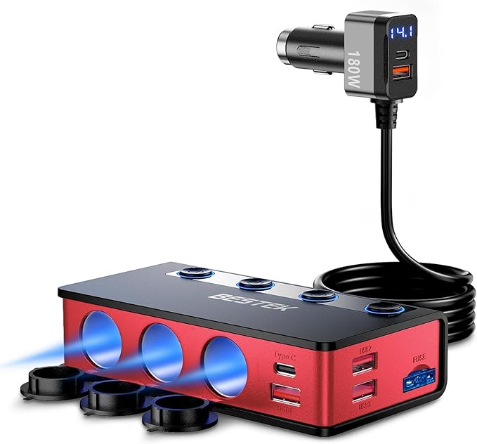 BESTEK 180W car socket splitter — red splitter with coiled cable and car plug
