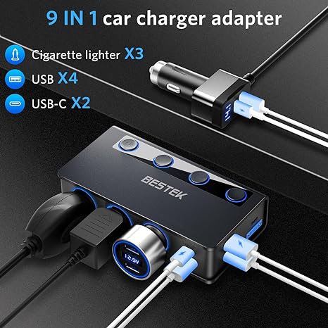 BESTEK 180W car socket splitter — black splitter showing three sockets and USB connections