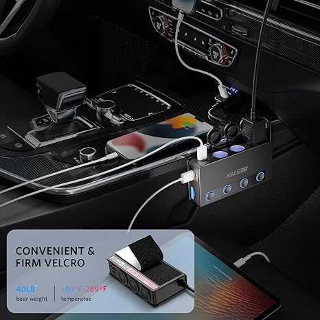 BESTEK 180W car socket splitter — black splitter mounted beside the car console