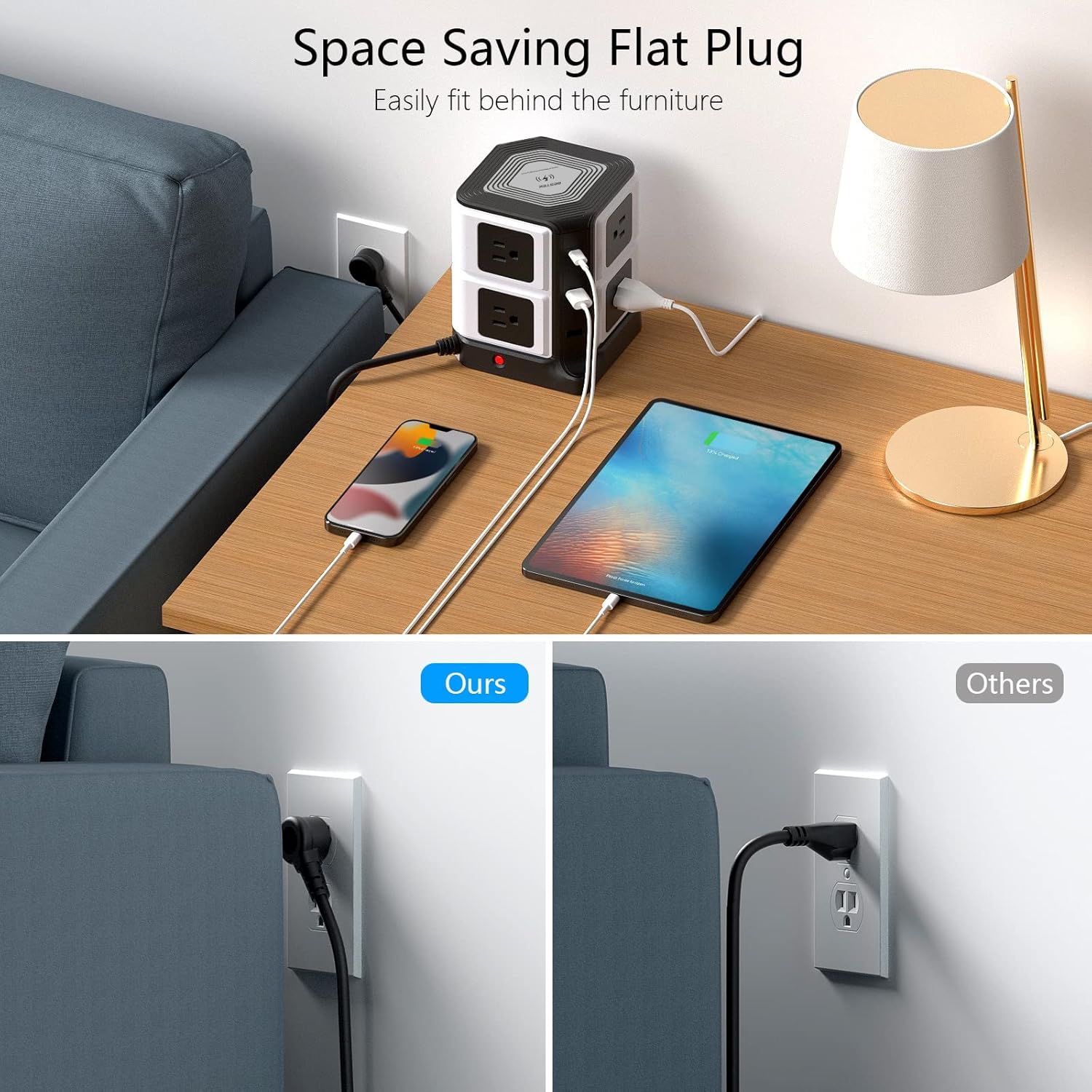 BESTEK power strip — flat wall plug positioned behind furniture