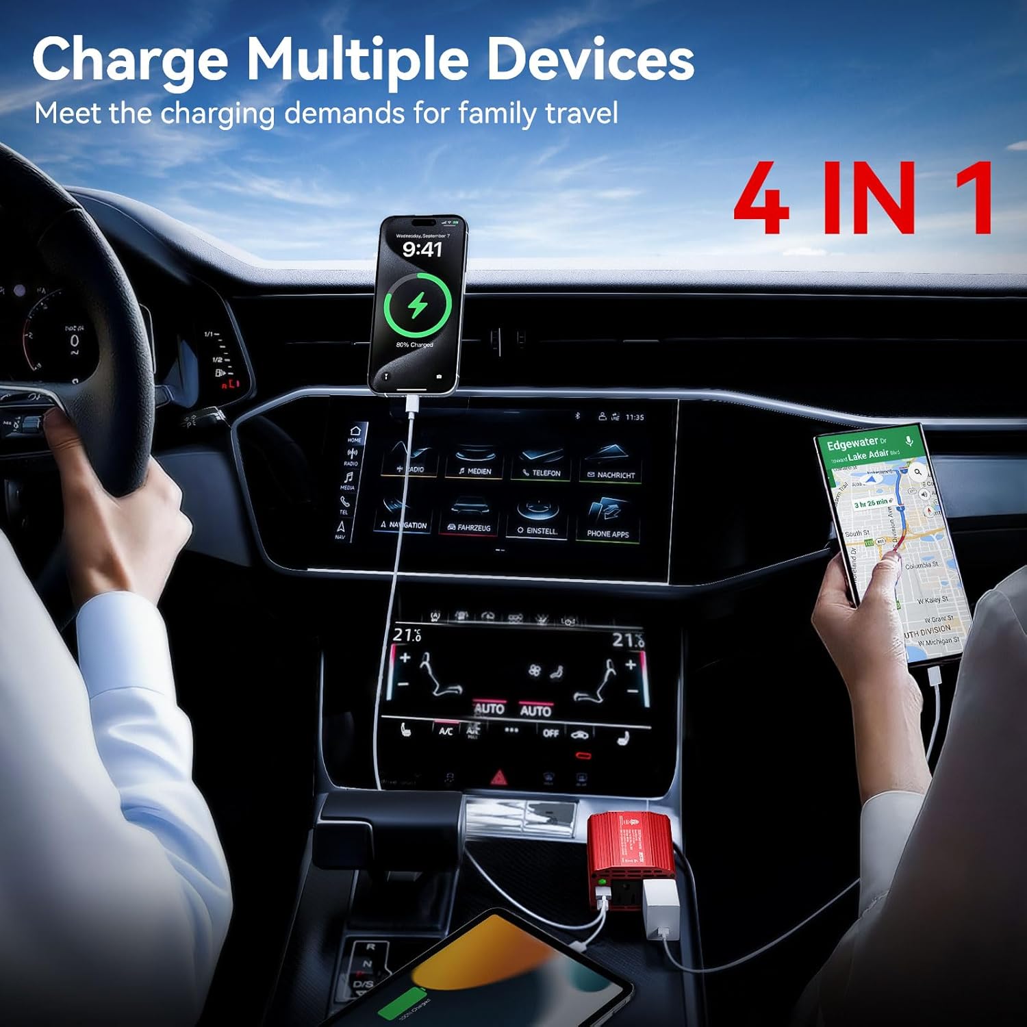 BESTEK 300W inverter — multiple devices connected to AC and USB ports