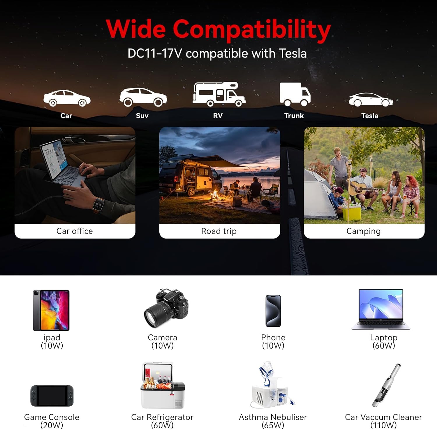 BESTEK 300W inverter — vehicle input range and device connection examples