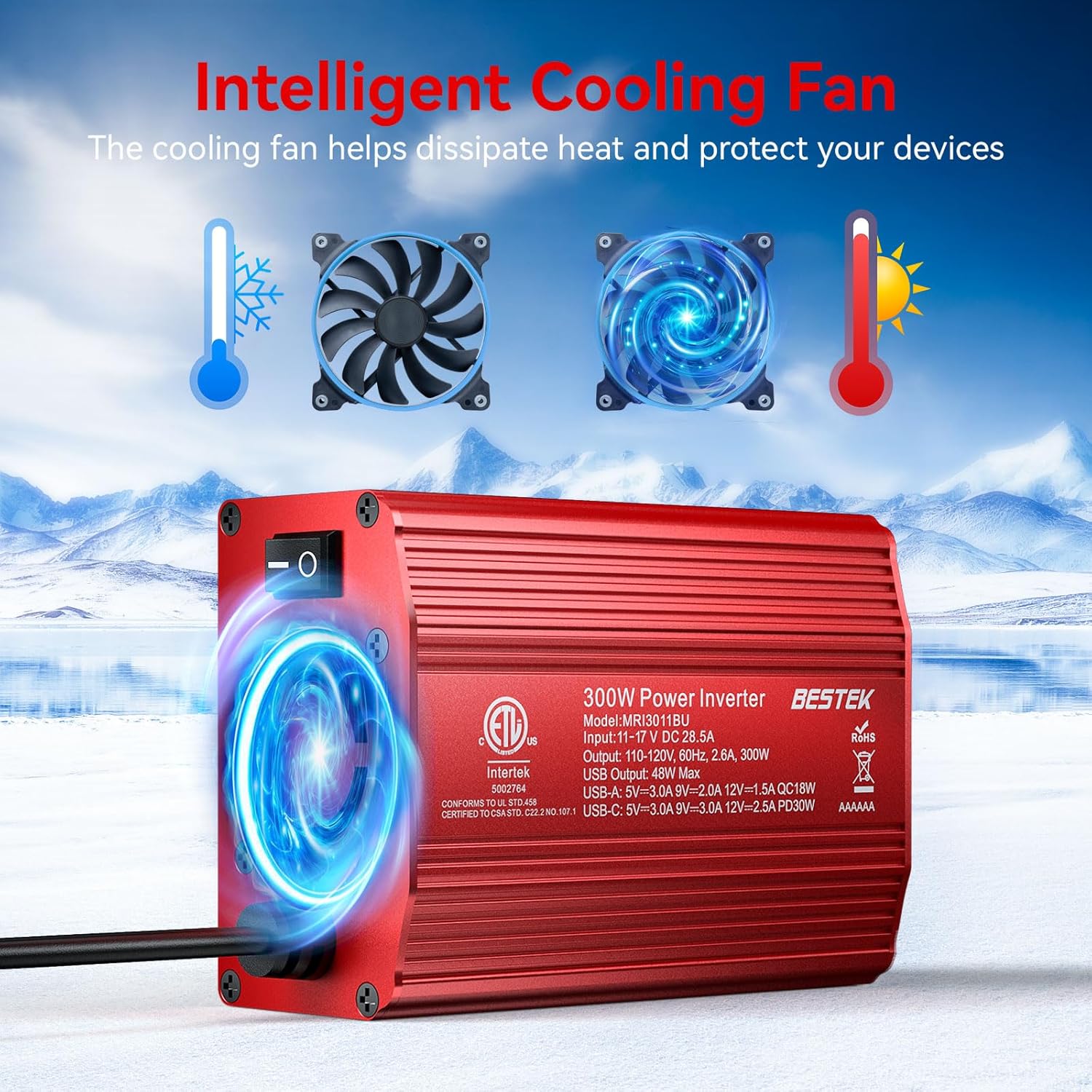 BESTEK 300W inverter — illustration of the temperature-controlled cooling fan